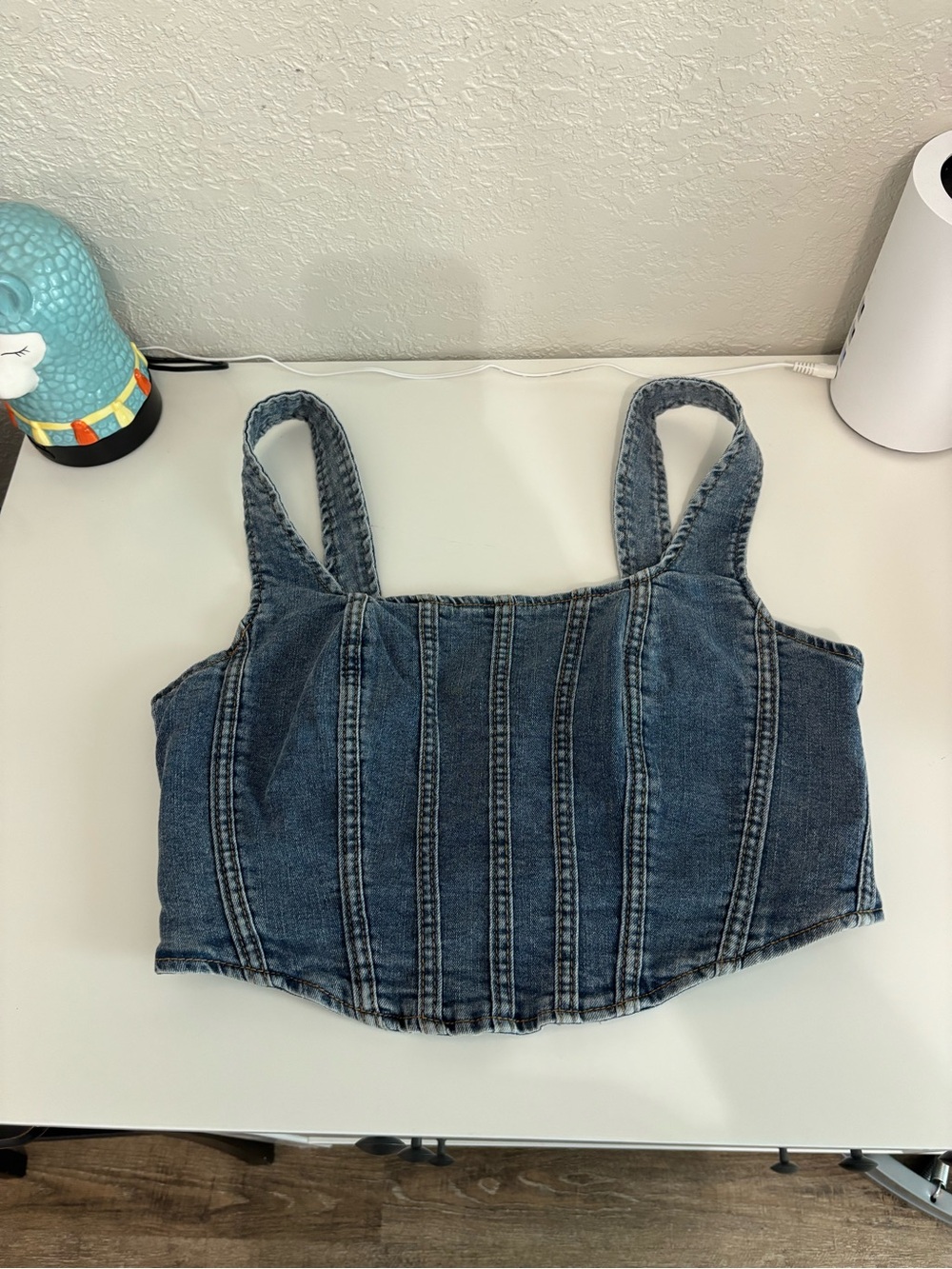 Denim Corset Crop Top in Washed Blue